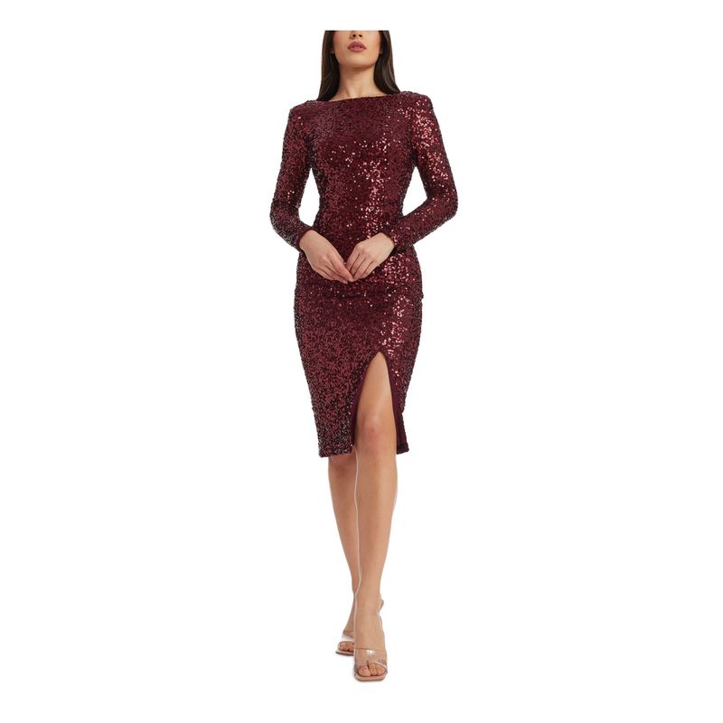Dress The Population Womens Maroon Cowl Back Lined Long Sleeve Body Con Dress Xs